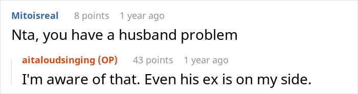 Reddit comments discussing a stepmom banning a teen from family dinners for singing at the table. Reddit comments discussing a stepmom banning a teen from family dinners for singing at the table.