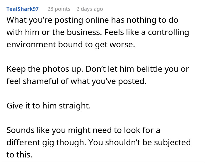 User comment discussing an employee's right to post bikini pictures despite boss objections and controlling behavior. - 30