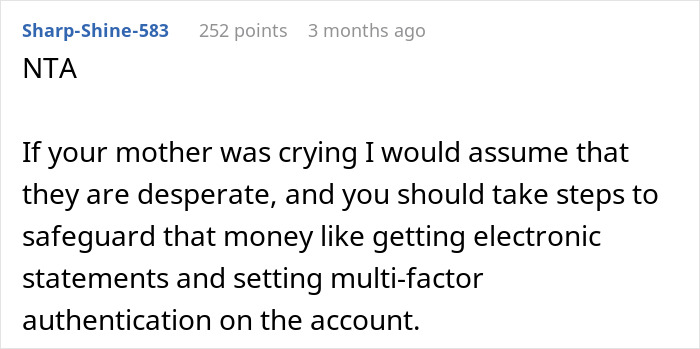 Screenshot of an online comment advising a teen to protect money and refuse to sacrifice future over parents’ financial mistakes. - 14