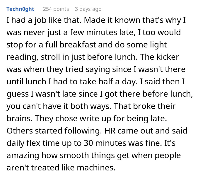 Comment discussing same penalty for being 6 minutes late versus 3 hours late at work and the impact of flex time policies.