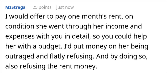 Screenshot of a Reddit comment discussing rent payment and budgeting related to a woman compelling her DIL to pay rent.