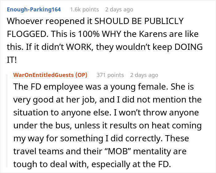 Comments discussing a Karen getting her way to use the hotel pool after it was closed, highlighting staff and guest behavior. - 14