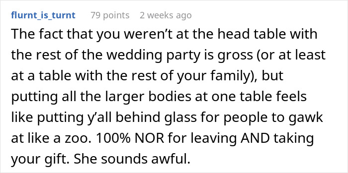 Screenshot of a user comment criticizing the bride for seating all plus-size guests at a separate weight watchers table. Screenshot of a user comment criticizing the bride for seating all plus-size guests at a separate weight watchers table.