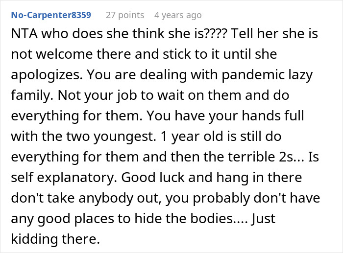 Comment discussing a mother who lets family live in filth to teach them a harsh lesson.