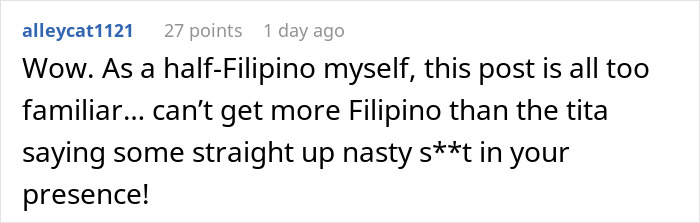 Screenshot of a Reddit comment describing a family trashing the fiancé, unaware she understands their language.