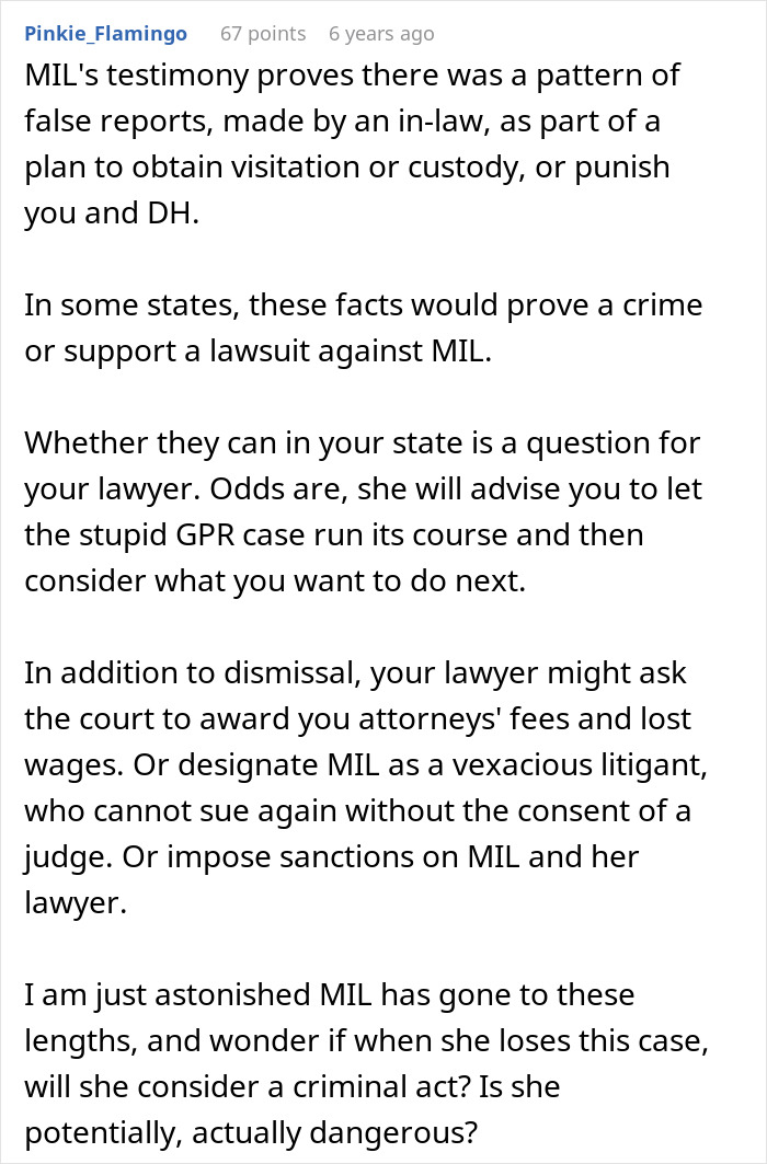 Comment discussing MIL&rsquo;s false CPS reports impacting custody and potential legal consequences for the in-law.