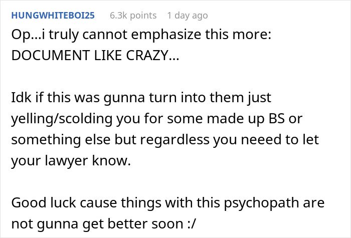 Screenshot of a Reddit comment advising to document incidents and inform a lawyer regarding stepkid bathroom refusal dispute.