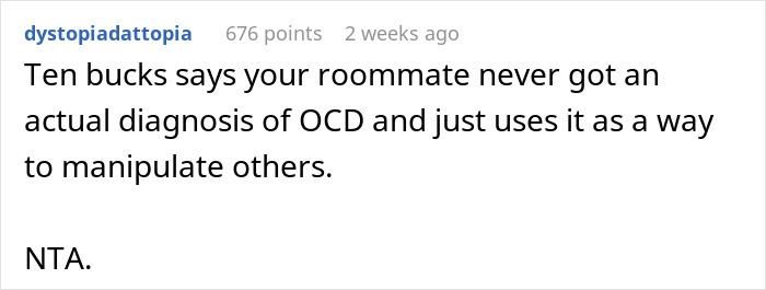 Screenshot of online comment discussing roommate&rsquo;s OCD and Jewish traditions triggering frustration in shared living situation.