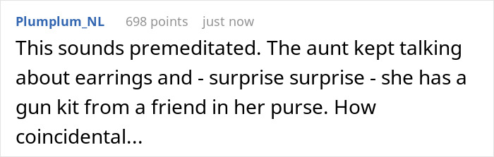 Comment discussing an aunt sneaking in unlicensed ear piercing with a gun kit during a baby visit surprising the mom.