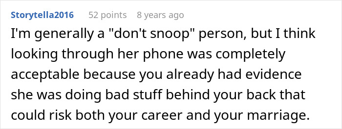 Comment discussing acceptable phone snooping due to evidence, related to jealous wife spying husband work concerns.