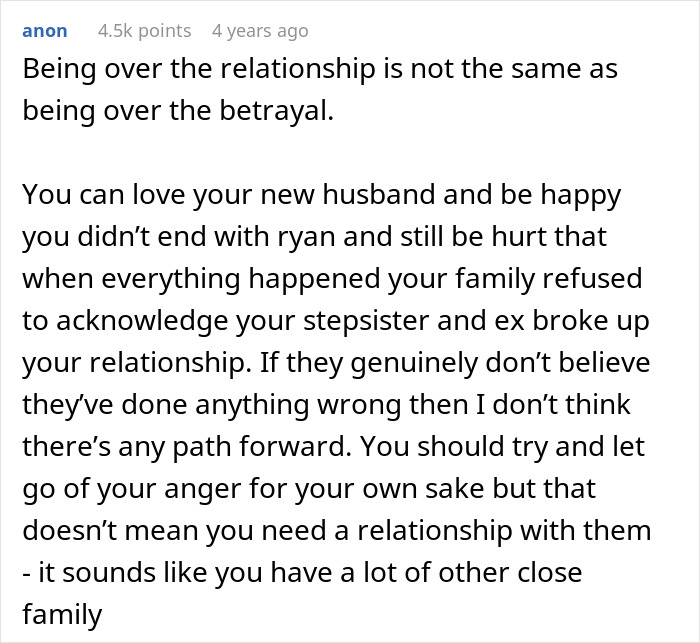 Alt text: Screenshot of a text post discussing stepsister betrayal and refusal to reconnect with toxic family members. - 31