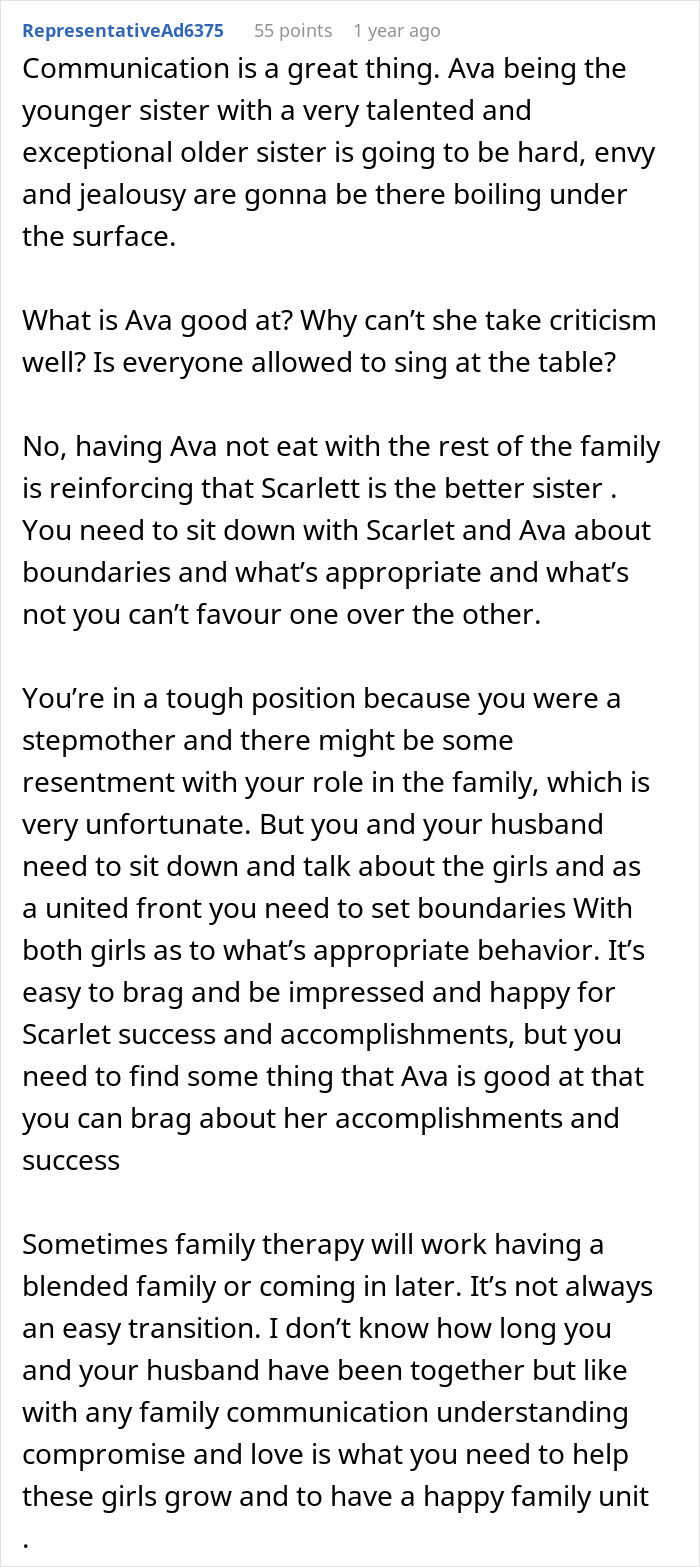 Comment discussing stepmom bans teen from family dinners for singing and challenges in blended family dynamics. Comment discussing stepmom bans teen from family dinners for singing and challenges in blended family dynamics.