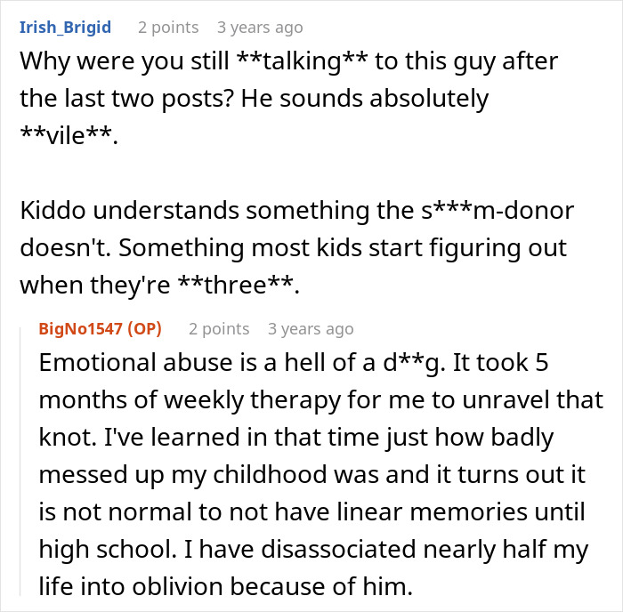 Reddit comments discussing emotional abuse and a woman not sharing important news with her dad after a last attempt.