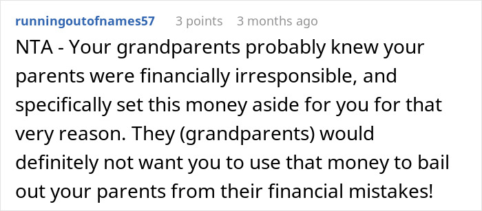 Screenshot of a forum comment discussing a teen refusing to fix parents’ financial mistakes and protecting their future. - 46