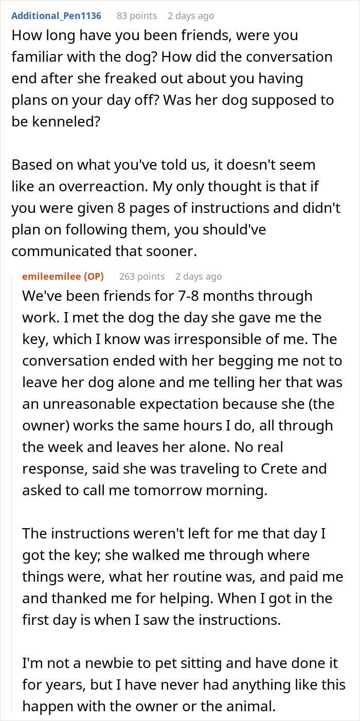 Text conversation about a friend who insists on boarding a dog and the challenges of managing the dog's care.