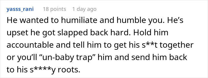 Comment praising wife firing back with brutal reality check after husband jokes about baby trapping him in front of friends.