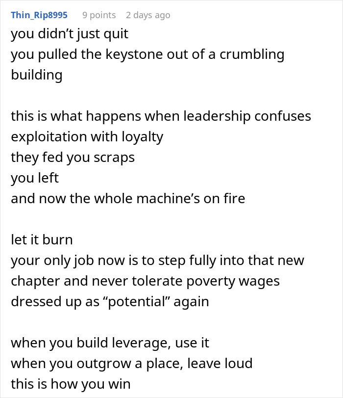 Comment emphasizing employee leaving company after wage reduction, highlighting leadership exploitation and refusal to accept low wages. - 25