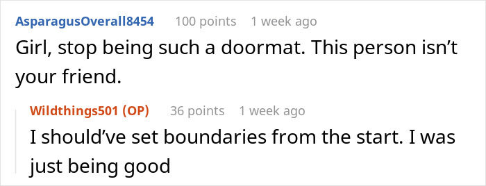 Screenshot of an online discussion about a lady borrowing everything but the kitchen sink and expecting neighbor to pay $85 grocery bill. Screenshot of an online discussion about a lady borrowing everything but the kitchen sink and expecting neighbor to pay $85 grocery bill.