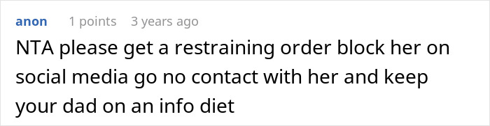 Comment urging to get a restraining order and avoid contact, related to woman’s disturbed mental health over stepdaughter’s baby. Comment urging to get a restraining order and avoid contact, related to woman’s disturbed mental health over stepdaughter’s baby.