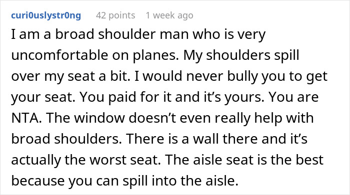 Comment discussing a broad-shouldered man uncomfortable on planes invading woman&rsquo;s space after seat swap refusal.