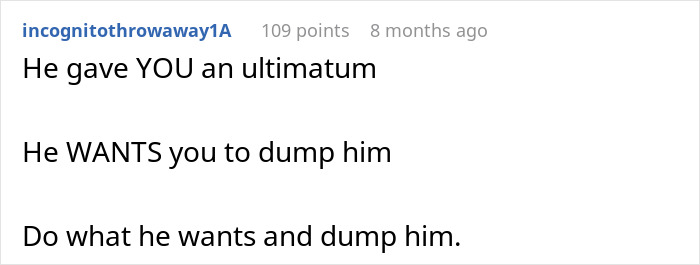 Screenshot of a Reddit comment urging a woman to reconsider her relationship after a red-flag argument with her boyfriend.