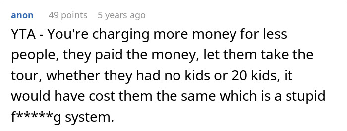 Screenshot of an online comment criticizing a tour company for charging more and turning away a childfree couple from a family tour. - 42