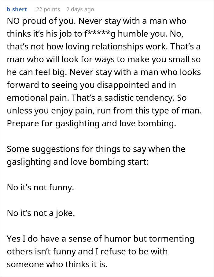 Text post discussing how a jerk boyfriend tries to humble his girlfriend by buying her dream gift for someone else. - 40