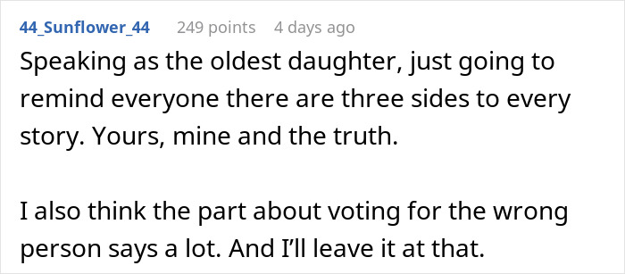 Reddit comment discussing generational trauma and differing perspectives on family stories and personal accountability. - 28