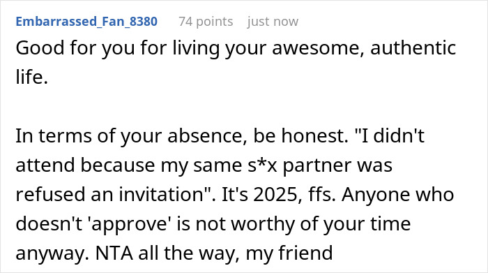 Comment criticizing exclusion of gay partner from wedding, mentioning $1.3K spent by gay man to attend twin&rsquo;s wedding.