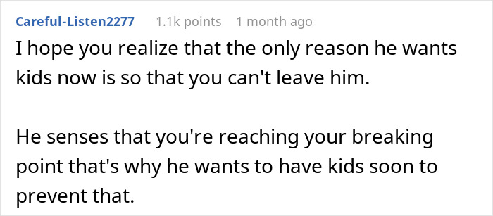 Comment discussing a husband demanding a child to prevent his wife from leaving as she reaches her breaking point. - 26