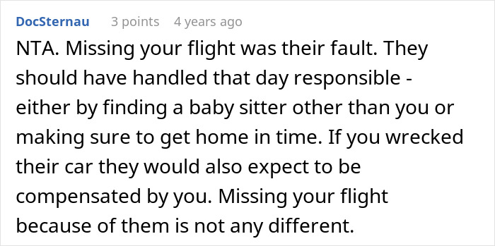 Comment discussing a woman missing her flight while babysitting niece and asking parents for compensation. - 24