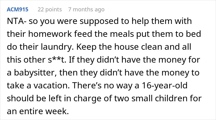 Comment discussing teen refusing to babysit step-siblings for a week amid parents&rsquo; meltdown over full-time job expectations.