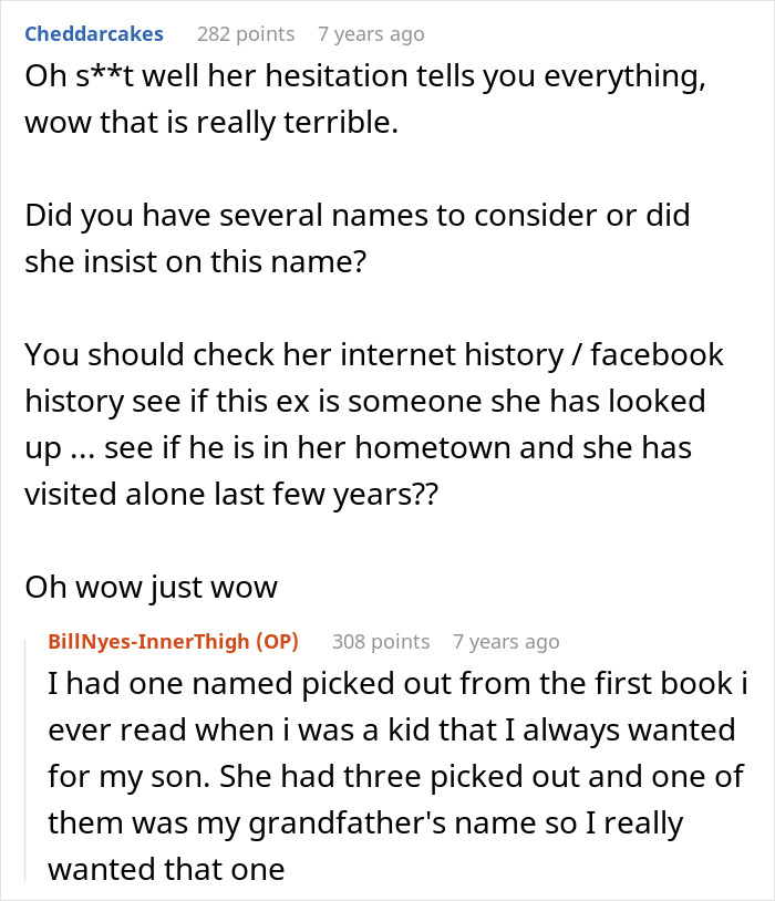 Commenters discuss suspicion and regret after a husband feels sick realizing who their son is named after. - 20