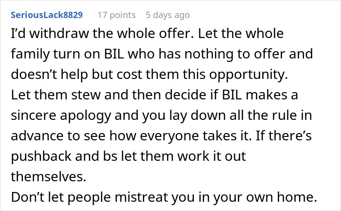 Screenshot of a forum comment discussing a man buying his wife’s childhood home and family conflict over living arrangements. - 50