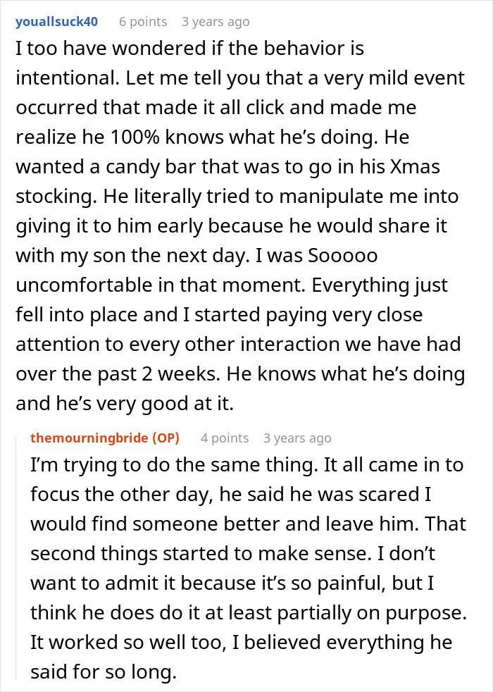 Comments discussing realization of manipulative behavior from husband and emotional impact on a woman seeking help online. - 38