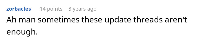 Screenshot of a Reddit comment discussing frustrations with update threads in an online conversation.