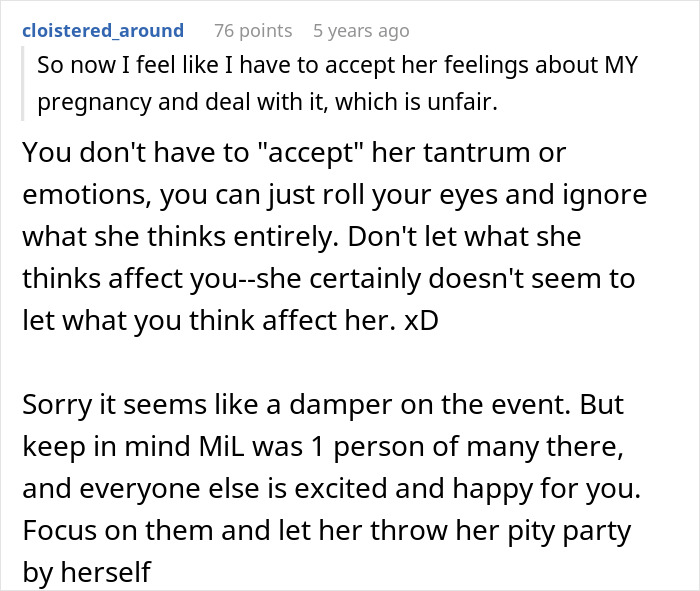 Reddit user discussing dealing with a MIL tantrum during a pregnancy gender reveal event.