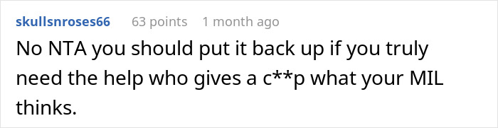 Screenshot of online comment supporting woman battling cancer asking for help despite MIL calling it tacky and dramatic. - 18