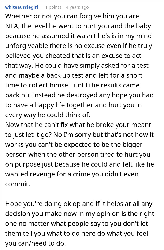 Reddit comment discussing forgiveness and hurt in a case of cheating accusation due to daughter's dark skin and DNA test results. - 52