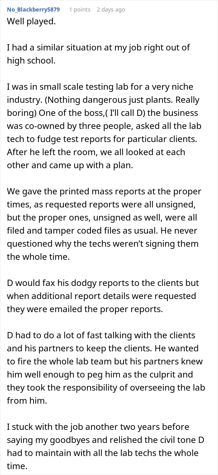 Comment sharing a story about a boss&rsquo;s request to fudge data in a lab and how it backfired on her.