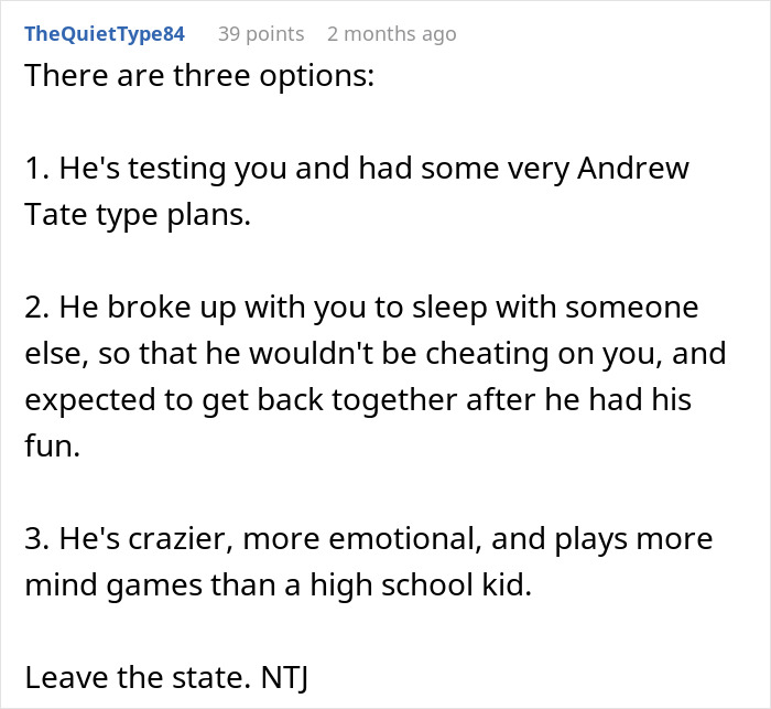 Alt text: Online advice comment discussing boyfriend breakups, emotional mind games, and relationship testing behaviors.