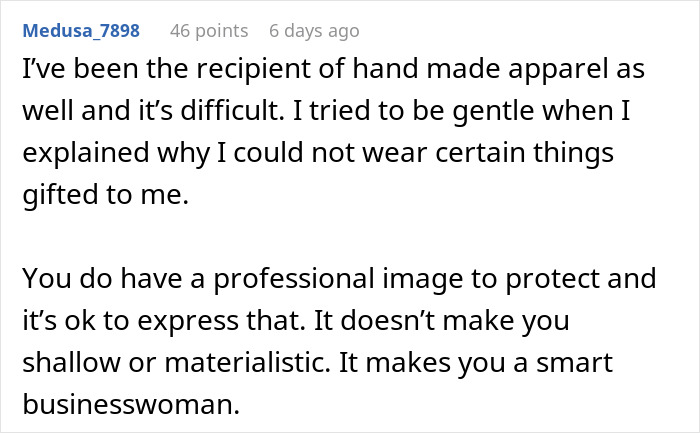 Screenshot of a Reddit comment discussing the challenges of refusing handmade apparel to protect a professional image.