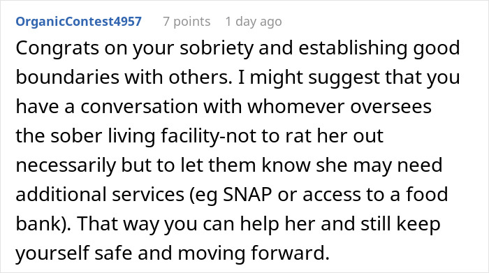 Screenshot of a Reddit comment advising to notify sober living facility about a grifter neighbor needing additional services before lending money.