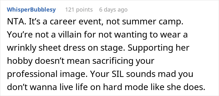 Screenshot of an online comment about a woman refusing to wear niece&rsquo;s handmade dress for a career event.
