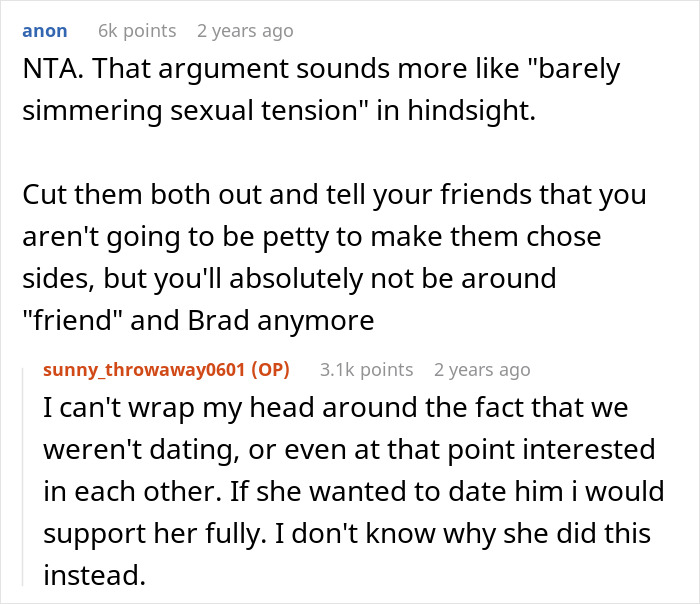 Reddit conversation discussing a woman asking friend to cut off guy after petty conflict, then set to marry him months later.