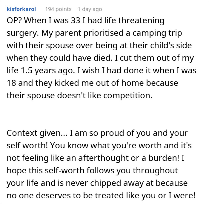 Reddit comment sharing experience of parents playing favorites and the impact on adopted daughter moving out after graduation.
