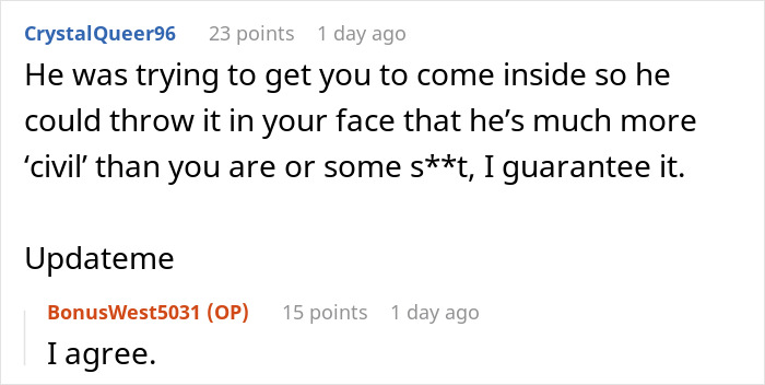 Screenshot of an online comment discussion about a lady refusing to let ex's stepkid use her bathroom, suspecting snooping.