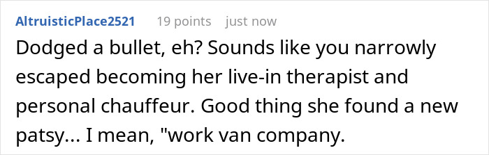 Comment on a forum post about a woman whose coworker moves in and demands rides without notice or tact.