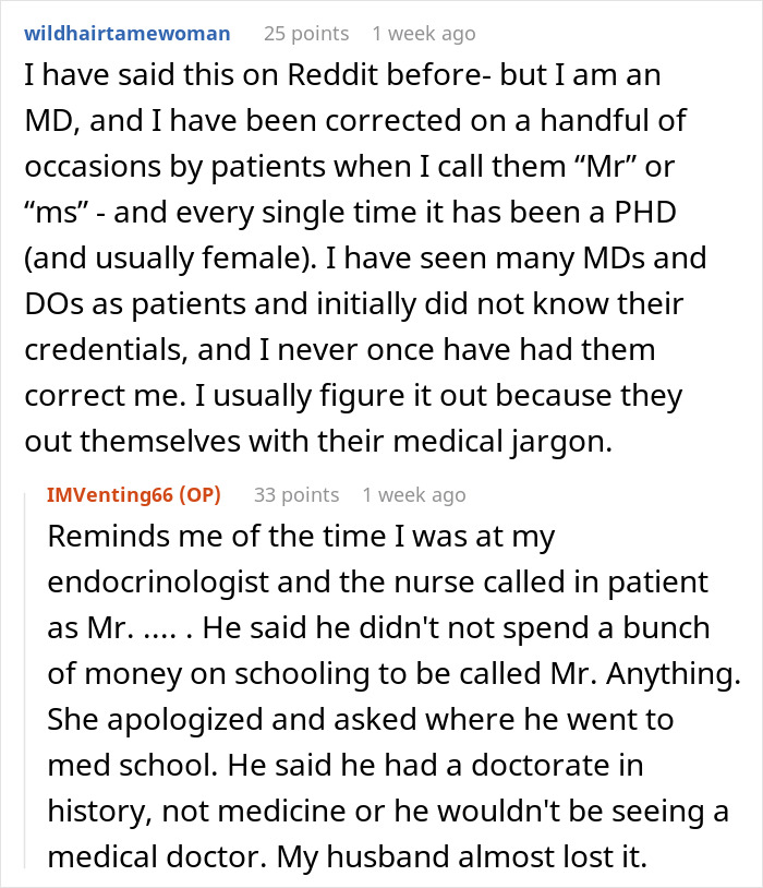 Reddit conversation about a PhD aunt expecting family to call her doctor and experiences with medical titles confusion. - 17