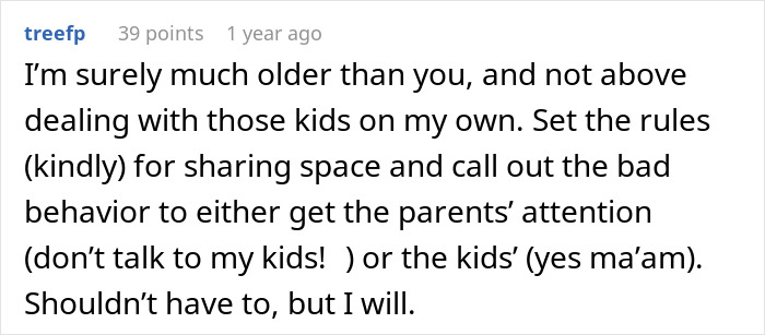 Comment discussing handling rowdy kids on a flight, addressing parents' responsibility and setting boundaries calmly. - 38